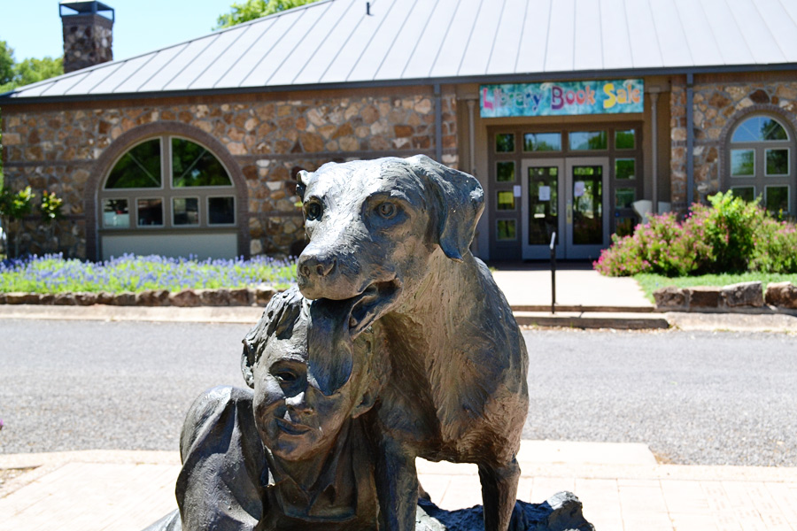 Old Yeller statue in front of Mason library