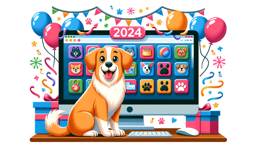 a joyful dog sitting center-stage, with an open computer screen which displays colorful icons of various pet holidays in 2024